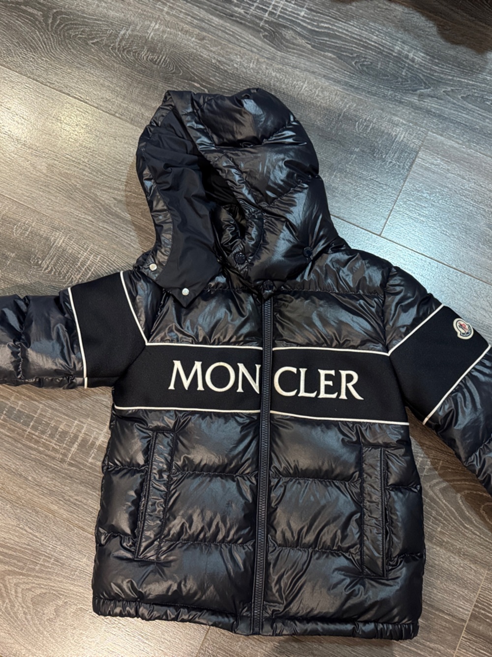 Moncler Kids Shiny Black Quilted Puffer with Logo Band